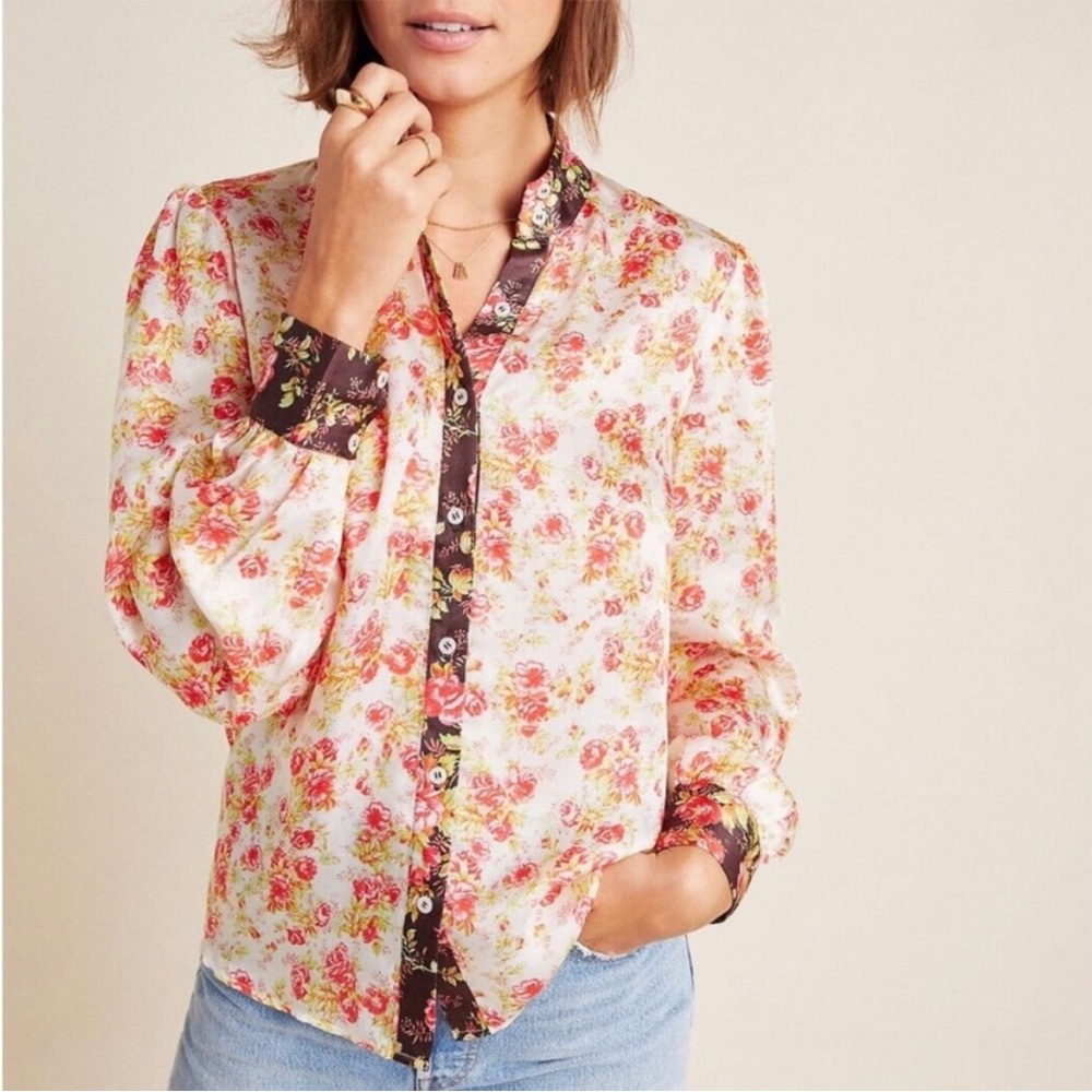 Anthropologie Hemant & Nandita Fatima Floral Button Down Blouse HTF Romantic Top - Picture 2 of 8